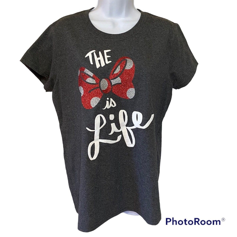 Disney Size Large T Shirt Minnie Mouse Red Bow THE BOW IS LIFE Gray Womens EUC